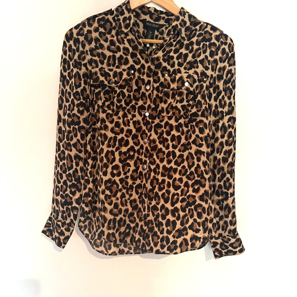 White House Black Market 100% Silk Leopard Button Down Blouse Black Tan Size 0